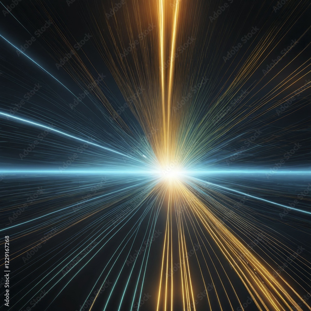 Poster radiant abstract image with blue and orange glowing light rays emanating from a central point on a d