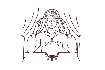 Obraz premium Female fortune teller look at magic ball predict future. Woman gypsy in robe do magical ritual in room. Vector illustration