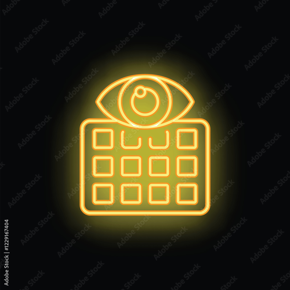 Poster glowing yellow neon icon of an eye monitoring multiple square screens on a black background