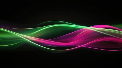 Vibrant Flowing Waves of Light in Vivid Green and Pink Colors Against a Dramatic Black Background Creating a Dynamic Energy Feel