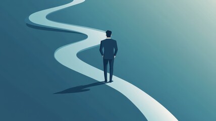 Obraz premium Career growth recruiter concept. A man walks along a winding path, symbolizing journey and exploration in a minimalist style.