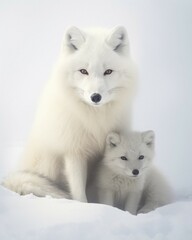 Close-up, arctic fox with young in deep snowy arctic winter landscape, AI generated