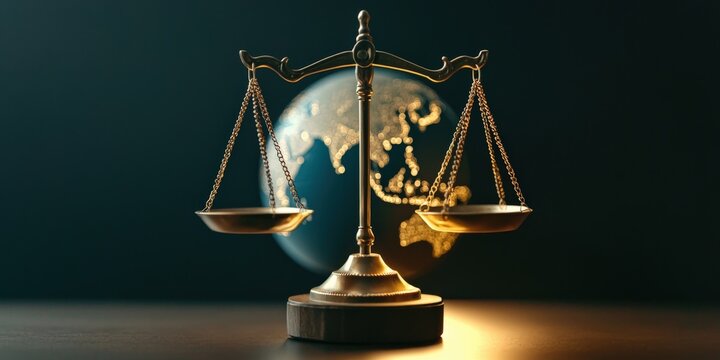 law restriction legislation concept. A golden scale of justice sits in front of a globe, symbolizing global law and fairness.