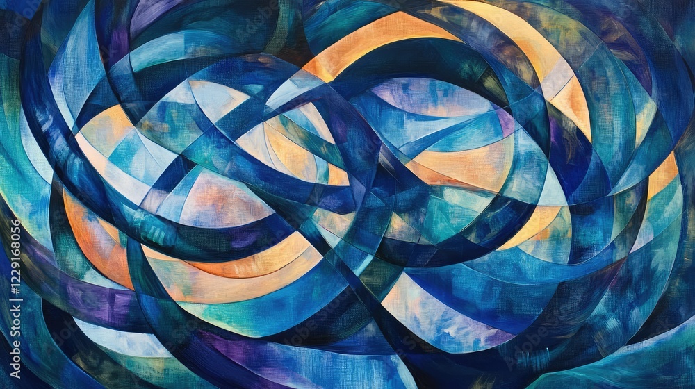 Poster abstract waves of blue and gold: a stunning composition of fluid shapes and curved lines creating a 
