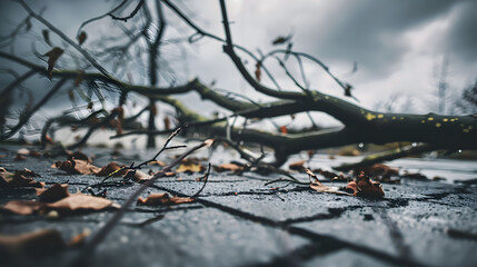 Close-up of a broken tree branch lying on cracked pavement, symbolizing decay and nature’s resilience.
