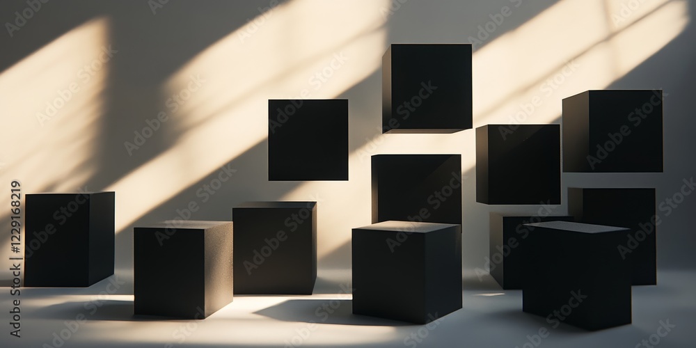Poster a striking arrangement of black geometric cubes in a minimalist studio setting. soft shadows create 