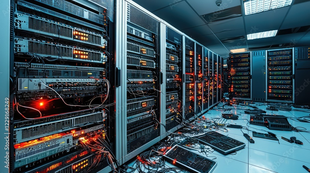 Poster high-tech server room with cables and lights in data center