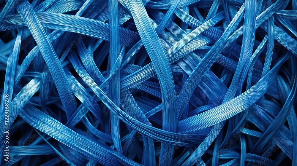 Poster detailed close-up of textured blue strands creating a vibrant and abstract background full of depth,
