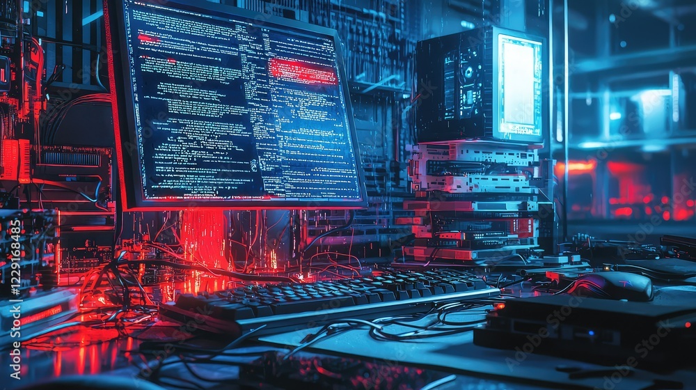 Aufkleber computer workstation in a dark room with glowing screens and code
