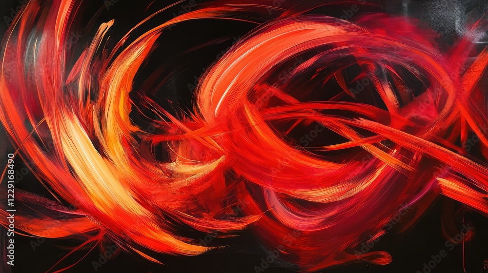 Poster vibrant abstract artwork featuring dynamic swirls of red and orange on a dark background capturing e
