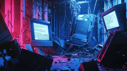 Futuristic Data Center Ruins with Glowing Monitors and Debris