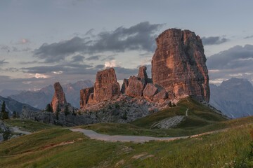Five towers at sunset, Cinque Torri, climbing rocks, Dolomites, Alps, Province of Belluno, Veneto...