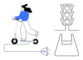 Woman rides electric scooter while illustrated traffic light, plug, and charging dock emphasize urban mobility, sustainable transportation, energy efficiency, modern commuting. Ideal for smart city