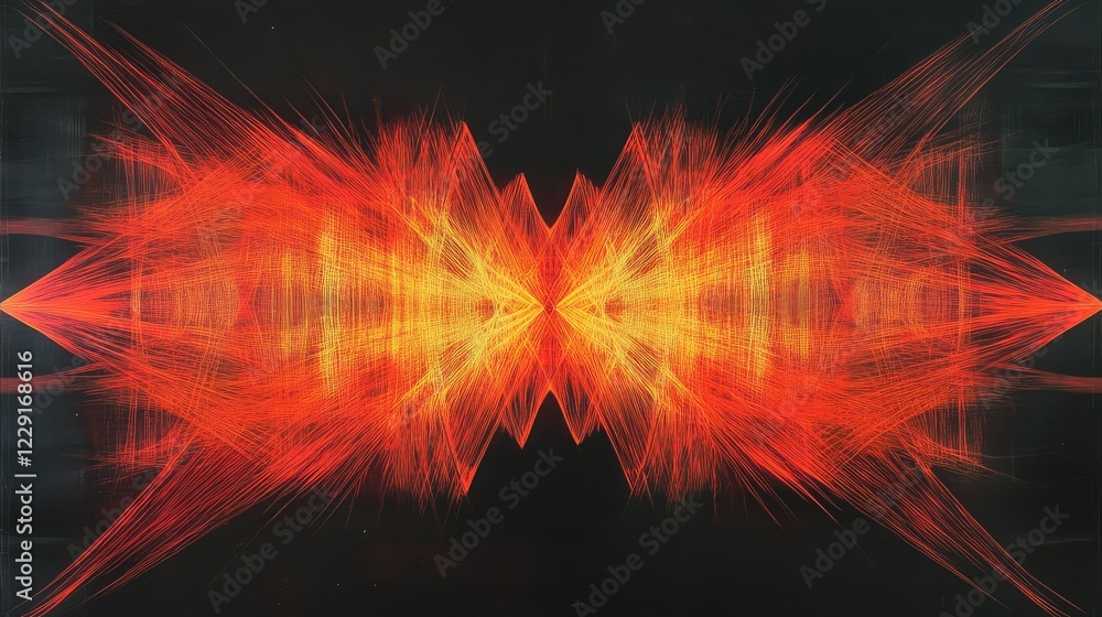 Poster interwoven red and orange lines creating a visually striking abstract energy pattern on black