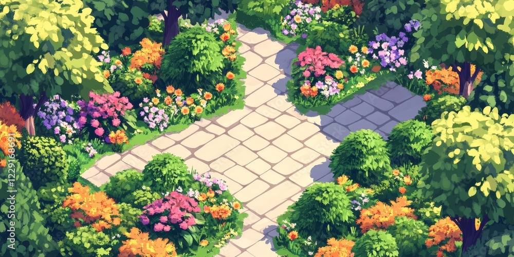 Poster a computer generated image of a garden with a path in the middle