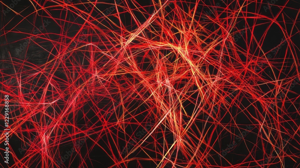 Poster interwoven red and orange lines creating a visually striking abstract energy pattern on black
