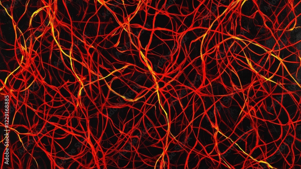 Poster interwoven red and orange lines creating a visually striking abstract energy pattern on black