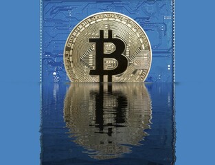 Bitcoin on a blue circuit board sinks into water, water reflection, symbol share price decline,...