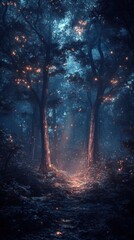 Enchanted Forest Pathway with Mystical Glow and Fireflies at Dusk