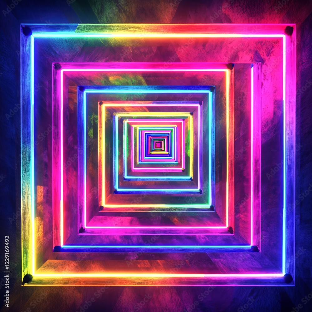 Poster a mesmerizing neon tunnel with vivid geometric patterns and colorful lights, perfect for futuristic 