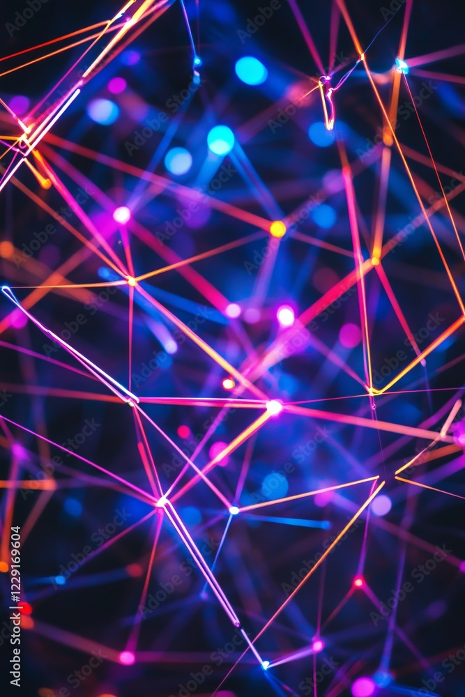 Poster vibrant abstract image of neon lights forming a dynamic network of geometric patterns, creating a fu