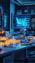 Modern Laboratory with High-Tech Equipment and Illuminated Flask Setup