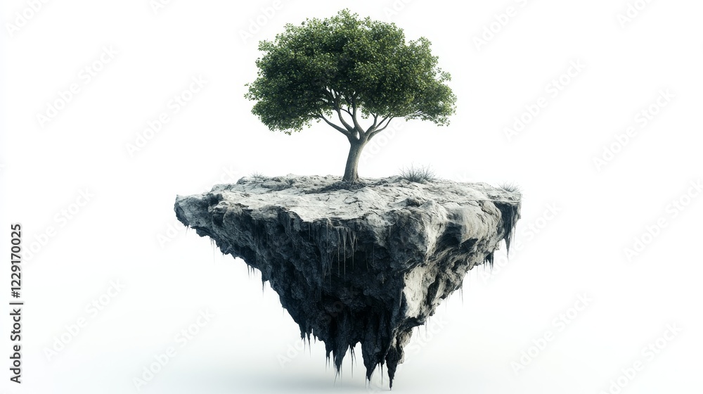 Poster a surreal floating island features a vibrant green tree emerging from rocky terrain. this captivatin