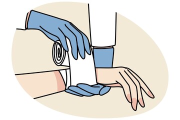 Closeup of doctor put bandage on patient hand. Therapist or nurse give first aid to person with injury or trauma. Medicine and healthcare concept. Vector illustration