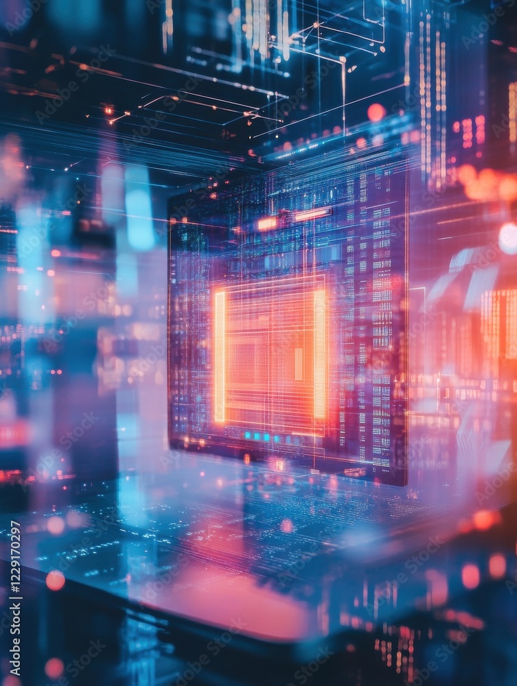 Poster close up of notebook with abstract glowing ai chip on blurry background. artificial intelligence and