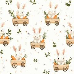 Cute Cartoon Rabbits with Carrots in Tiny Wagons Pattern Wallpaper