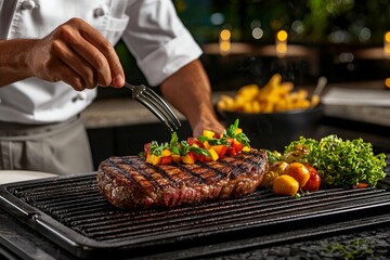 Culinary Professional Arranging Colorful Garnishes on Grilled Meat