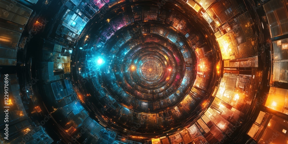 Poster a mesmerizing view of a futuristic tunnel with glowing lights and metallic textures, perfect for sci