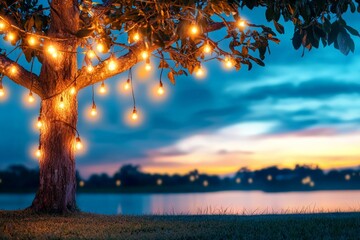 Fototapeta premium Dreamy Evening Scene with String Lights Wrapped Around a Tree