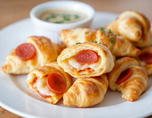 Golden Baked Ham and Cheese Croissants Served with a Side of Dipping Sauce