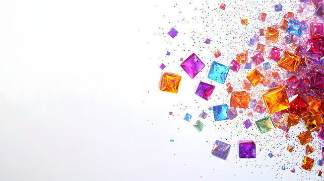 Colorful gems and sparkling confetti burst into air, creating vibrant and playful atmosphere. lively display of shapes and colors captivates viewer attention