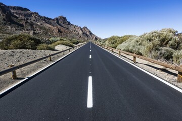 Road through volcanic landscape, Teide National Park, Tenerife, Canary Islands, Spain, Europe