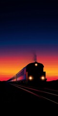 Obraz premium A vintage train silhouette glides through a vivid sunset, evoking nostalgia and the spirit of adventure.