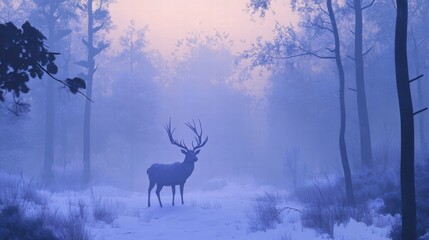 Majestic Stag in a Foggy Forest at Dawn