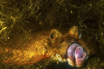 European plaice (Pleuronectes platessa), resting under algae, Nova Scotia, Atlantic Ocean, Canada, North America