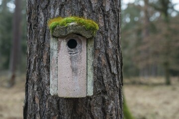 Moss-covered bird house, Hesse, Germany, Europe