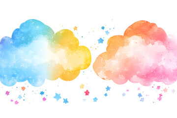 Whimsical watercolor illustration of two gentle clouds in pastel colors, surrounded by colorful stars, creating dreamy and playful atmosphere
