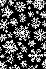 A black and white image of snowflakes with a white background. The snowflakes are drawn in a stylized way, giving the impression of a winter scene. Concept of calm and serenity