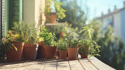 Fototapeta premium Potted Herbs and Green Plants on Sunlit Balcony in Springtime