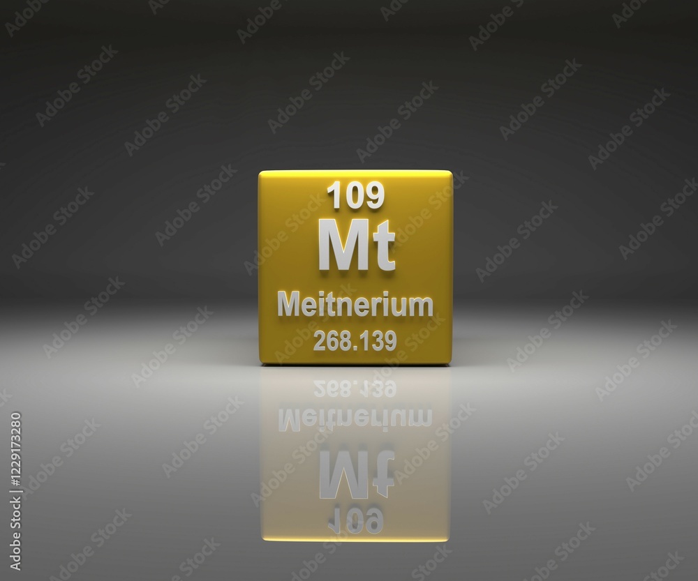 Poster cube with meitnerium number 109 periodic table, 3d rendering