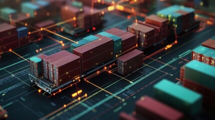 A modern diagram of supply chain logistics in a sleek 3D rendering with bright data points.