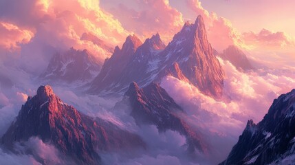 Majestic Mountain Peaks in Clouds:  A breathtaking panoramic view of majestic mountain peaks piercing through a sea of soft pink and purple clouds at sunset, creating a surreal and ethereal landscape.