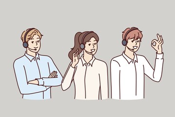 Call center or customer support employees use headset with microphone to make telephone sales. Two men and woman work in call center answering questions from clients asking for help