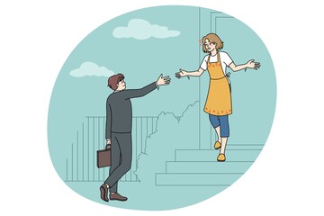 Happy woman stand on stairs meet husband coming home from work. Smiling housewife welcome man lover in own beautiful house. Couple and family relationship. Vector illustration