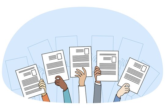 Diverse people hands raise up holding resume or CV offer candidacy at open position. Applicants or candidate apply for job. Employment and competition. Hiring and hr. Vector illustration