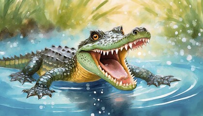Obraz premium Funny little crocodile, coloured watercolour, watercolours, drawing, painting, AI generated, AI generated